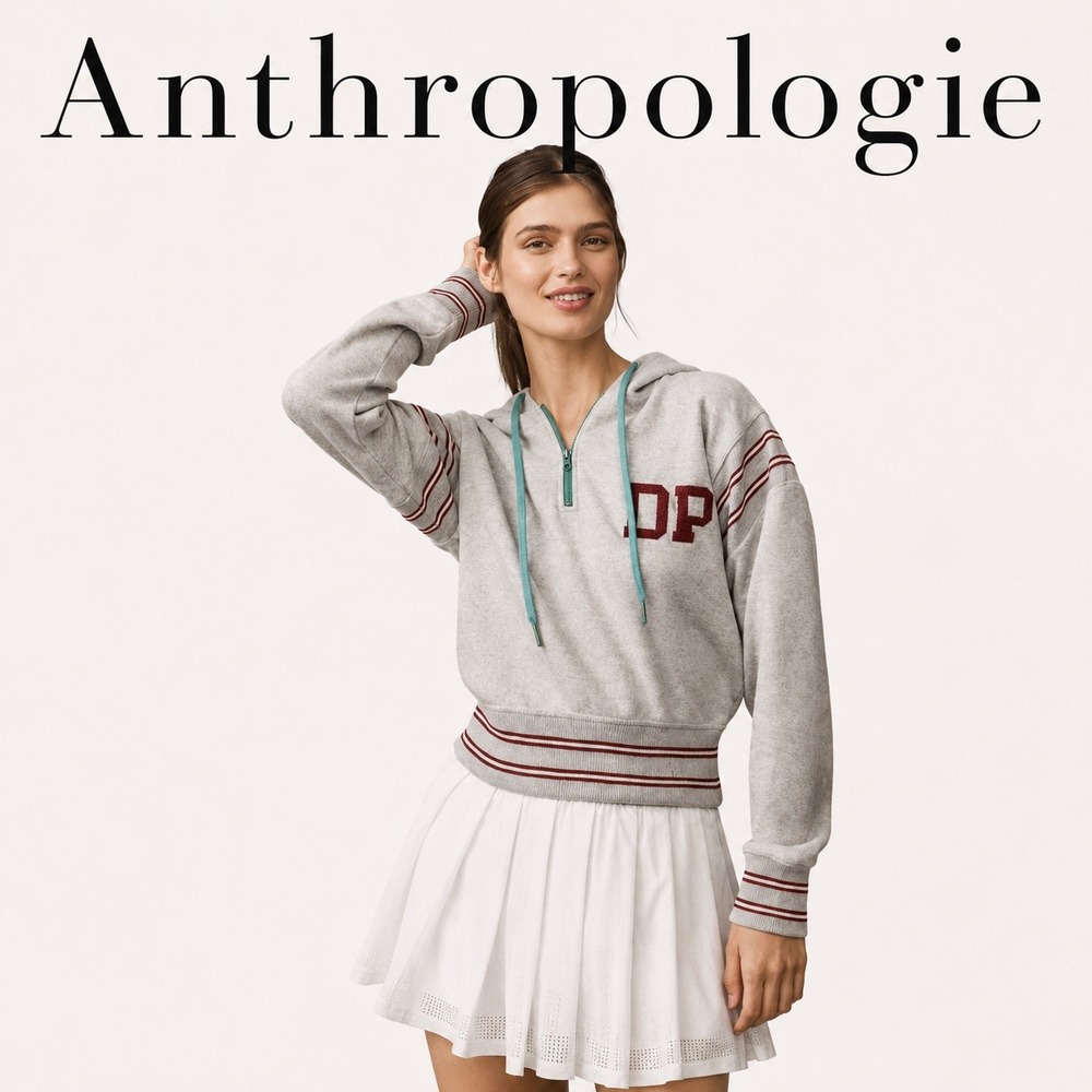 Anthropologie Grey Hoodie Quarter Zip DP Patch Sweatshirt Small
